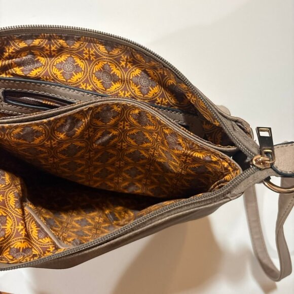 ALYSSA Double Compartment Flap Crossbody Bag Taupe Faux Leather Gold Hardware - Picture 7 of 12